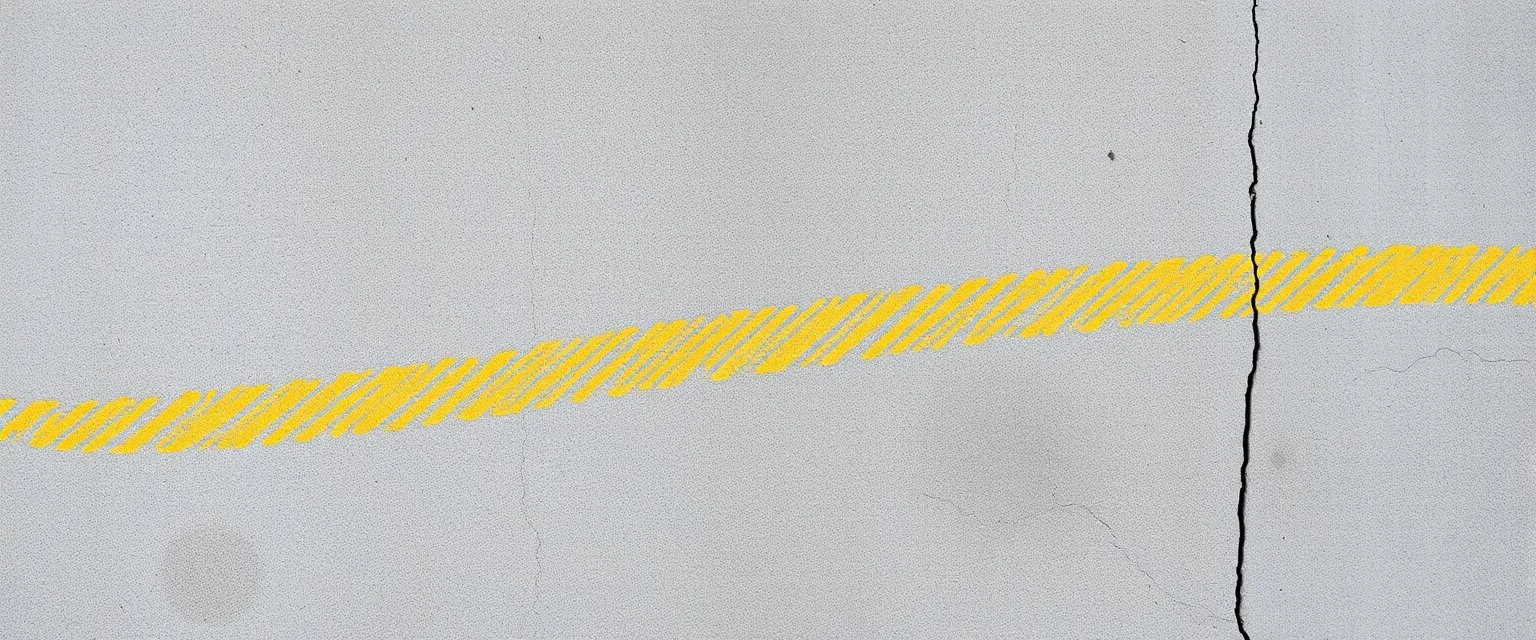 fill composition with a wall(wet textured concrete, gray, old, cracked, stained) yellow hashmark stripe across wall