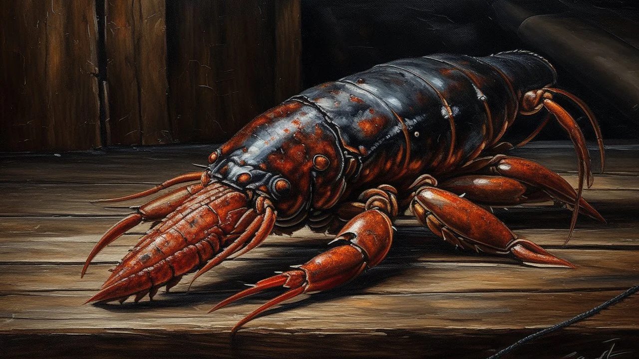 Still life painting of a lobster on a rustic wooden surface. Dark, moody atmosphere with a focus on texture and form. Lobster is central, vibrant red and orange hues contrasted with dark gray and black background. Detailed depiction of lobster's shell texture and body parts. Wooden surface is rough, worn, and shows signs of use. Several types of fishing nets and/or other objects in dark tones and textures are part of the composition, creating a sense of a fishing or seafood market scene. Da