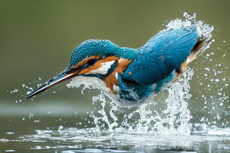 A beautiful kingfisher diving into the water. Highly detailed, smooth colours, realistic landscape