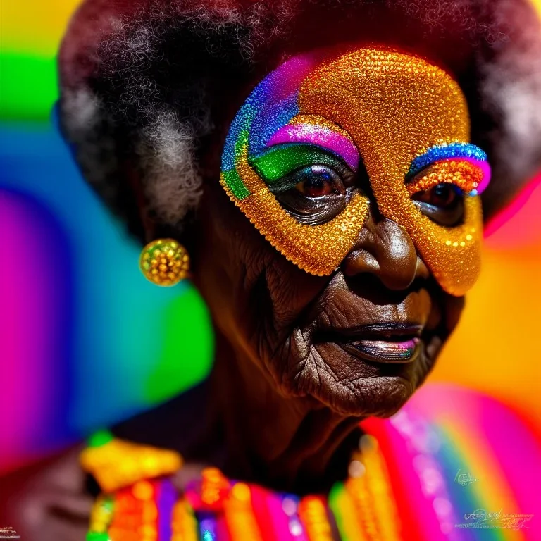 masterpiece, best quality, old woman, dark skinned, sparkling eyes, fluorescent skin, colorful makeup, afro, head shot, highly detailed body, sun light, 4K, RAW, depth of field, high contrast, realistic details, 24mm