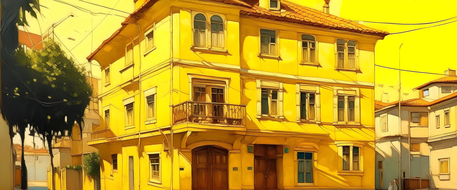 A yellow house in a metropolis in daylight painted by Zosan