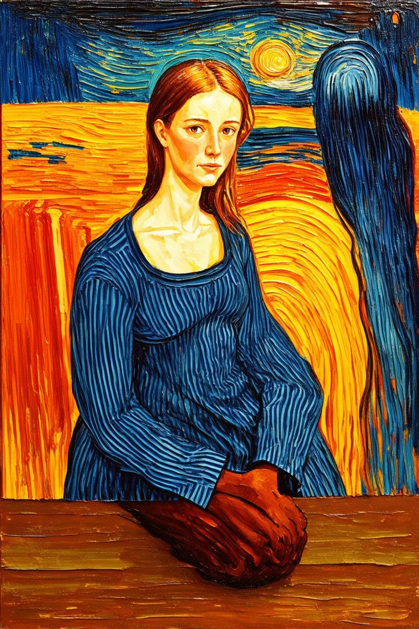 Stepping into someone new; painting in the style of Edvard Munch