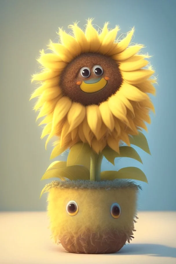 Cheery and cute sunflower in a pot avatar full body in fluffy material