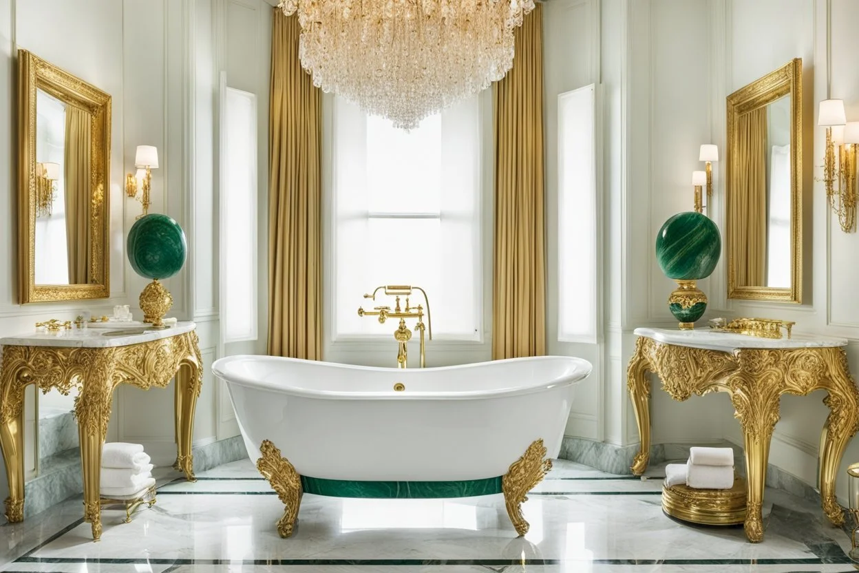 Malachite bathroom with a white marble bathtub on gold baroque legs, a marble sink with a gold vase faucet, and a gold-framed oval mirror with a gold towel holder, in an eccentric, luxurious style, high fetailed, cinematic