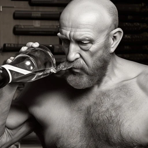 burly ugly 58 year old man bald with short beard and tank top manly chest chooses a bottle of wine in a cellar full of wine bottles dramatic light angry eyes highly detailed