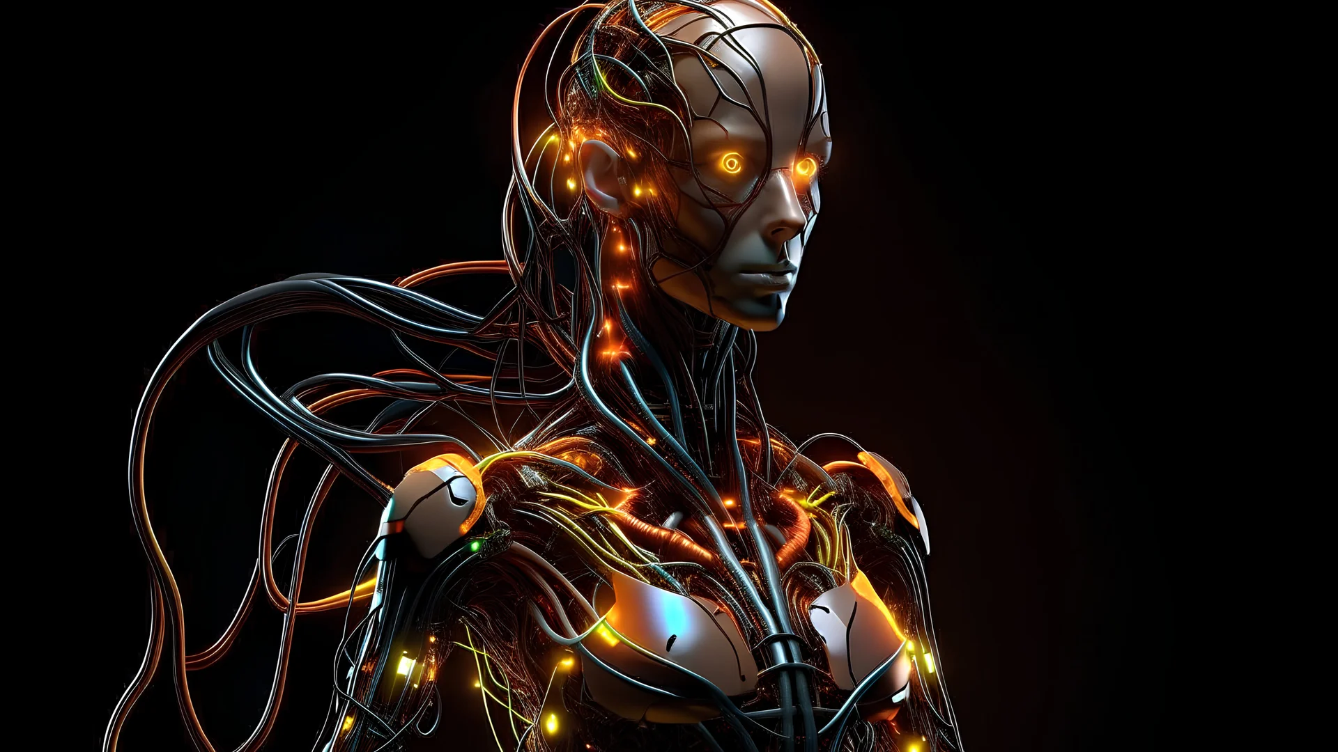 Ultra high quality an android woman made of cables and smoked background elemental flames lightning lights luminance colourful futuristic steampunk cyberpunk style