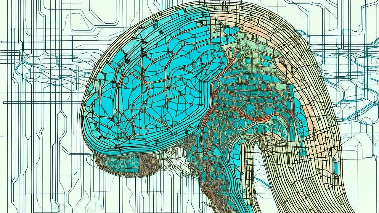 A digital serigraphy by Moebius of a digital brain made of points and lines.