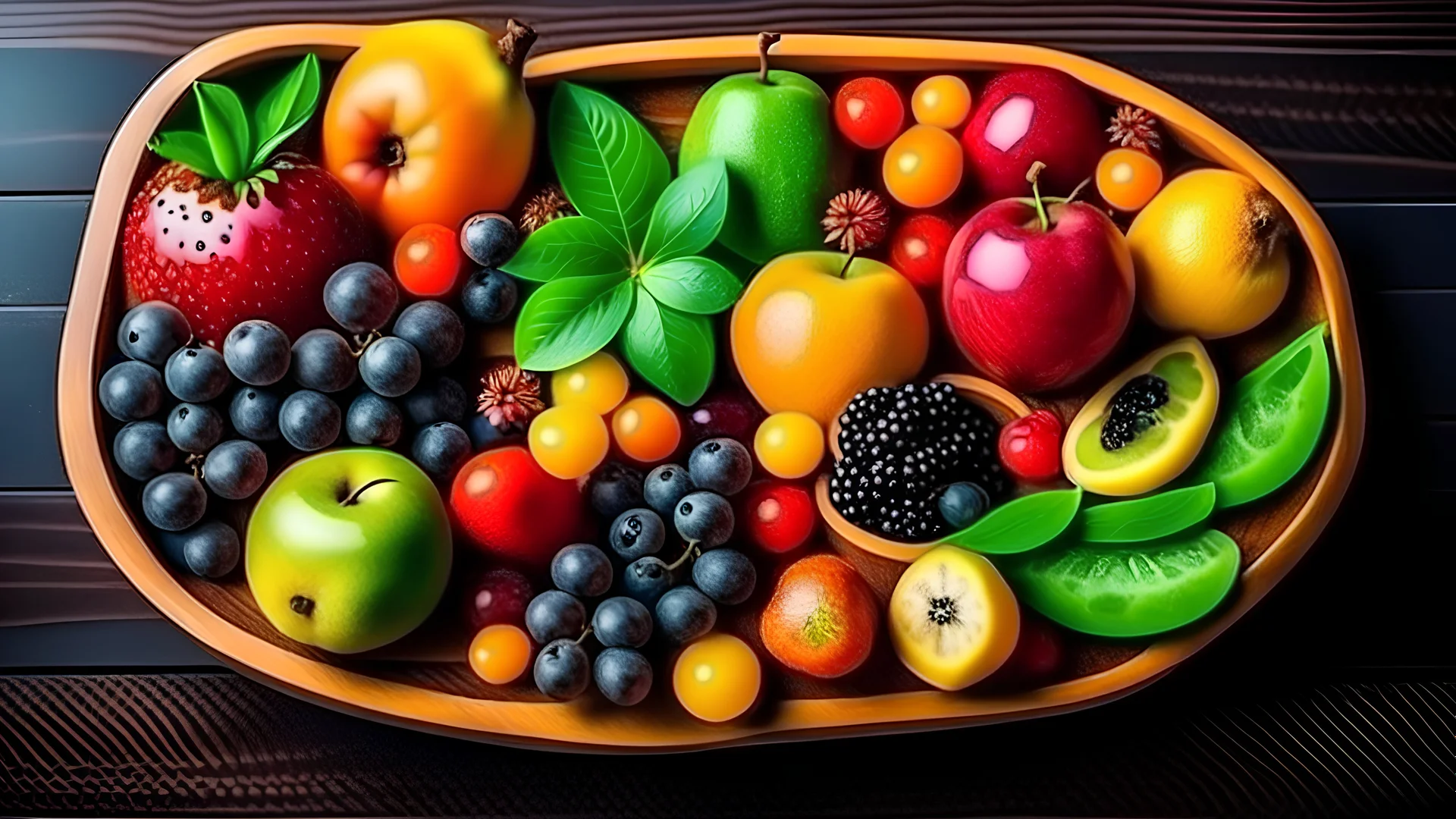 Set of summer fruits and berries in wooden serving.