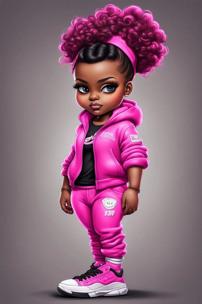 Create an airbrush image of a curvy chibi cartoon black female wearing a hot pink jogger set and black sneakers. Prominent make up with hazel eyes. Extremely highly detailed of messing curly bun