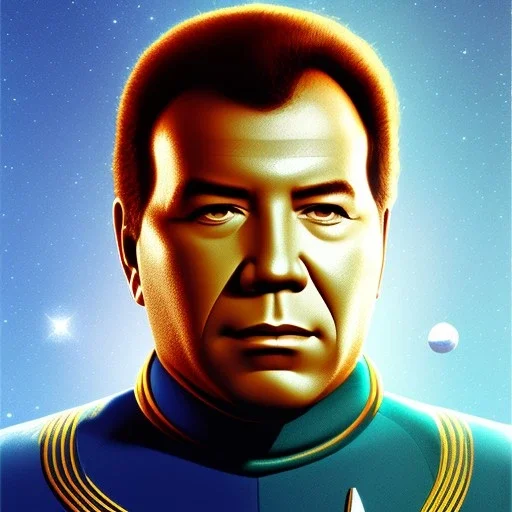 Portrait of Young William Shatner, Star Trek II style, Photorealism, Full Body Shot, Wearing Blue TNG Uniform, 8k, Starfield Background