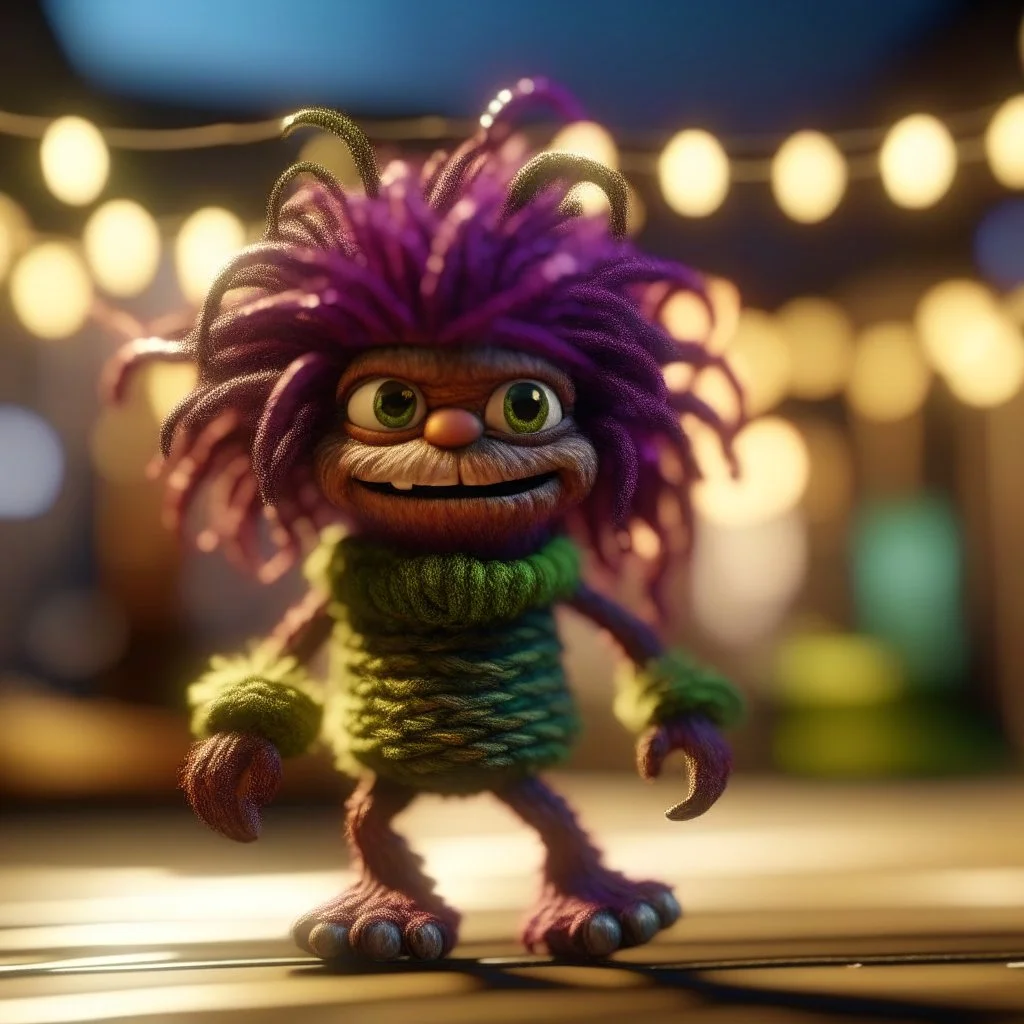 outline, knitted hairy pimp groove funk fairy gremlin hippie in running inside big thread mill on beach ,bokeh like f/0.8, tilt-shift lens 8k, high detail, smooth render, down-light, unreal engine