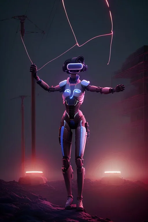 3d, si-fi hunger, girl middle stand on round glowing platform, connected by wires , vr googles, beautifully color coded, super detailed, moody lighting, volumetric lighting, night time, glowing veins, mass effect, vertical light glow