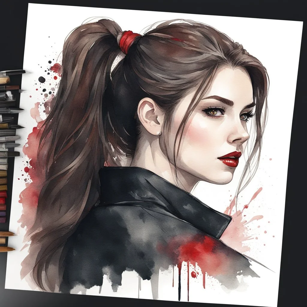 A portrait headshot of a confident looking young woman with pale skin, red eyes, and long brown hair pulled into a ponytail in a dark modern setting with intricate details. She is wearing black and red casual clothes, an air of malevolent power surrounds her. watercolor splash art