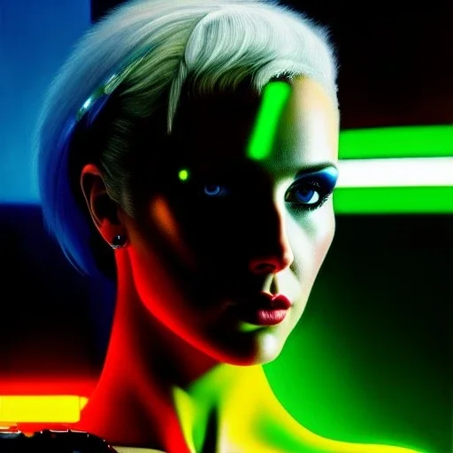 portrait oil on canvas, beautiful punk busty female Cyborg, looking to viewer, sad green eyes, post-apocalyptic in a cyberpunk city,minimal skintight suit, blade runner, comic book cover, mystical colors, neon, insanely detailed,realistic,intrincate detail, 16k resolution, masterpiece, Adam hughes