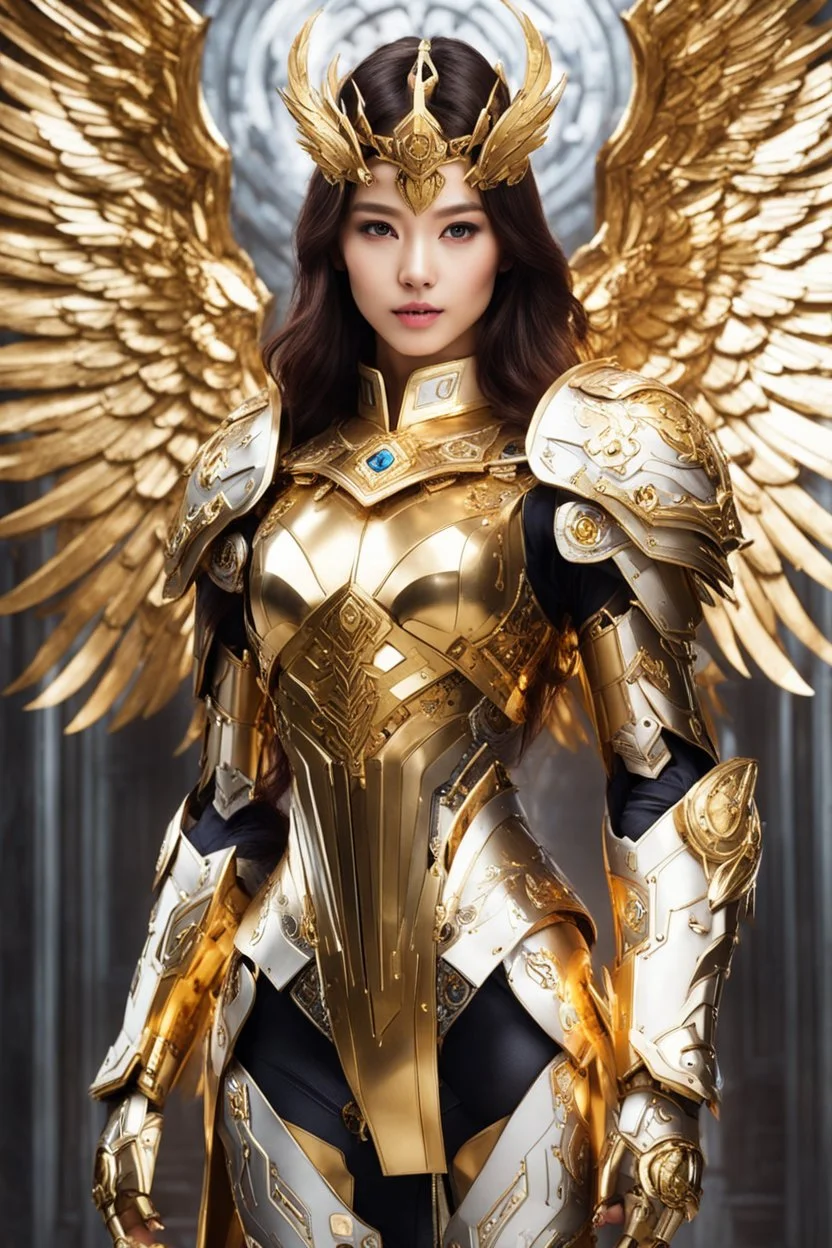 Excellent pose style Facing front Gorgeous Photography Beautiful Lady Angel Queen Cyborg dressing armor gown luxury Mecha Robo Golden and jewelry,luxury ornaments background