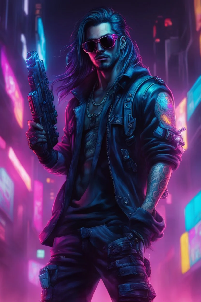 male cyberpunk solo with long hair, korean, Wearing Urban Gang Flash and mirrored dark sunglasses, and shot gun, headaphone, strong cyber warrior, black tatoo, attrakvtive man, Retroanime, rembradt lighting, neon complementary colors, dark vibe, scifi