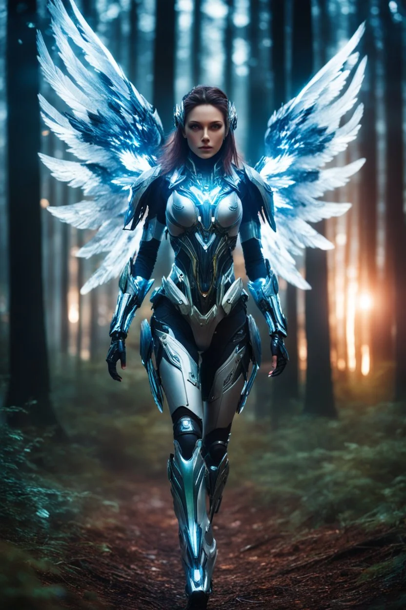 Front View night photography Beautiful Angel woman cyborg, warframe armor in Magical Forest full of lights colors, Photography Art Photoshoot Art Cinematic Soft Blur Colors - on Running Dramatic Pose