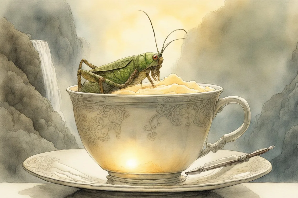 a cup of icecream, by Jean-Baptiste Monge, double exposure Grasshopper, waterfall, reflection, sunrise, Misty morning smooth intricate high definition beautiful lighting pencil sketch watercolor polished warm light LNF S<AI watercolor and ink, intricate details, fantasy, beautiful, award winning, colorful, fantastic view, crisp quality, in sunshine