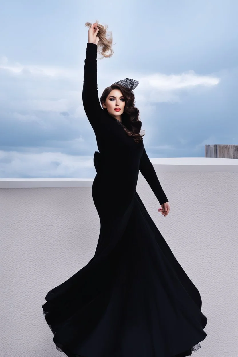 full body of very beautiful lady midi skirt and blouse , curvy hair with small cap and lace scarf ,standing idle happy pose in studio pretty makeup