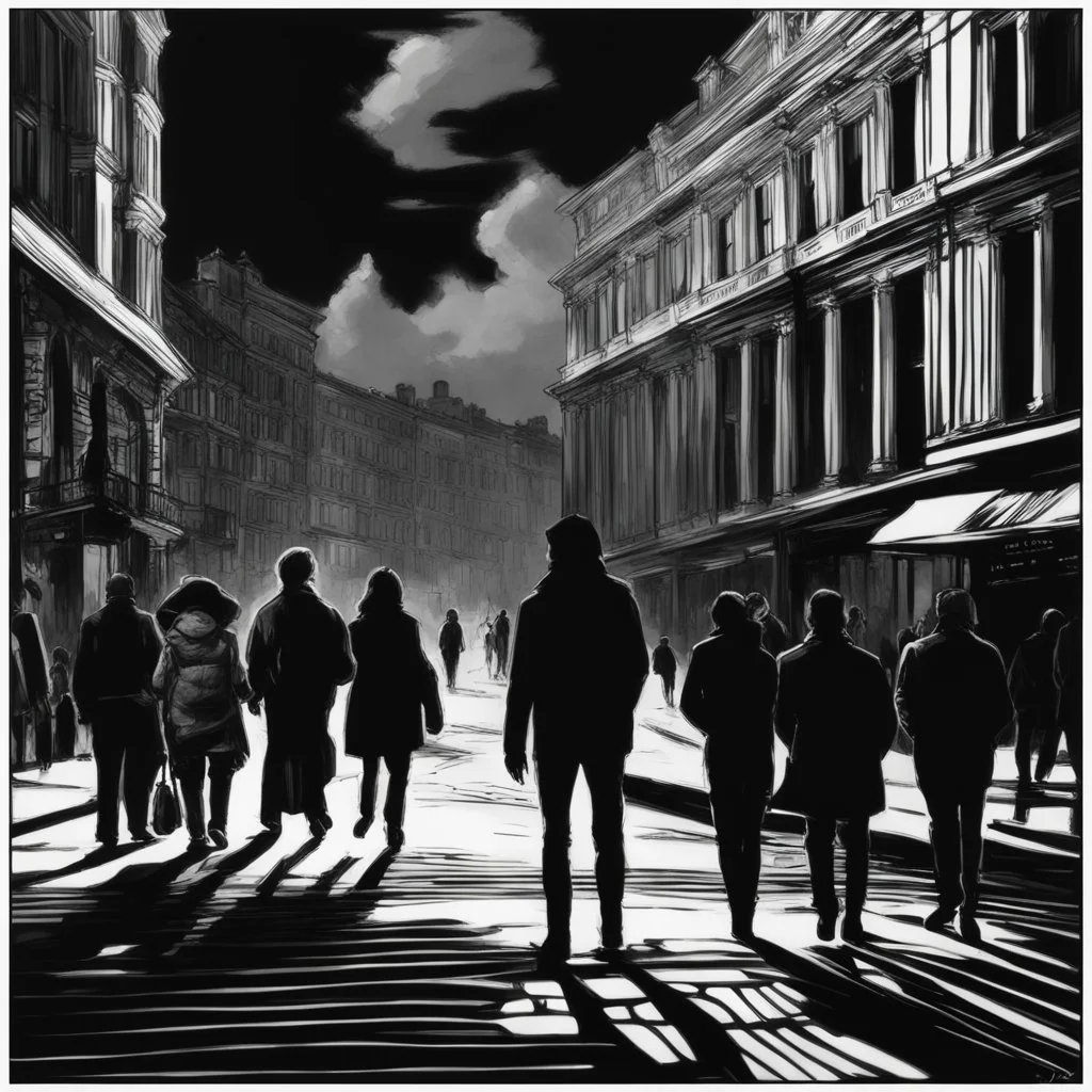 woman in the midle of a peatonal walk in e great city; behind her, unfocaused, other people walking, realism, black and white