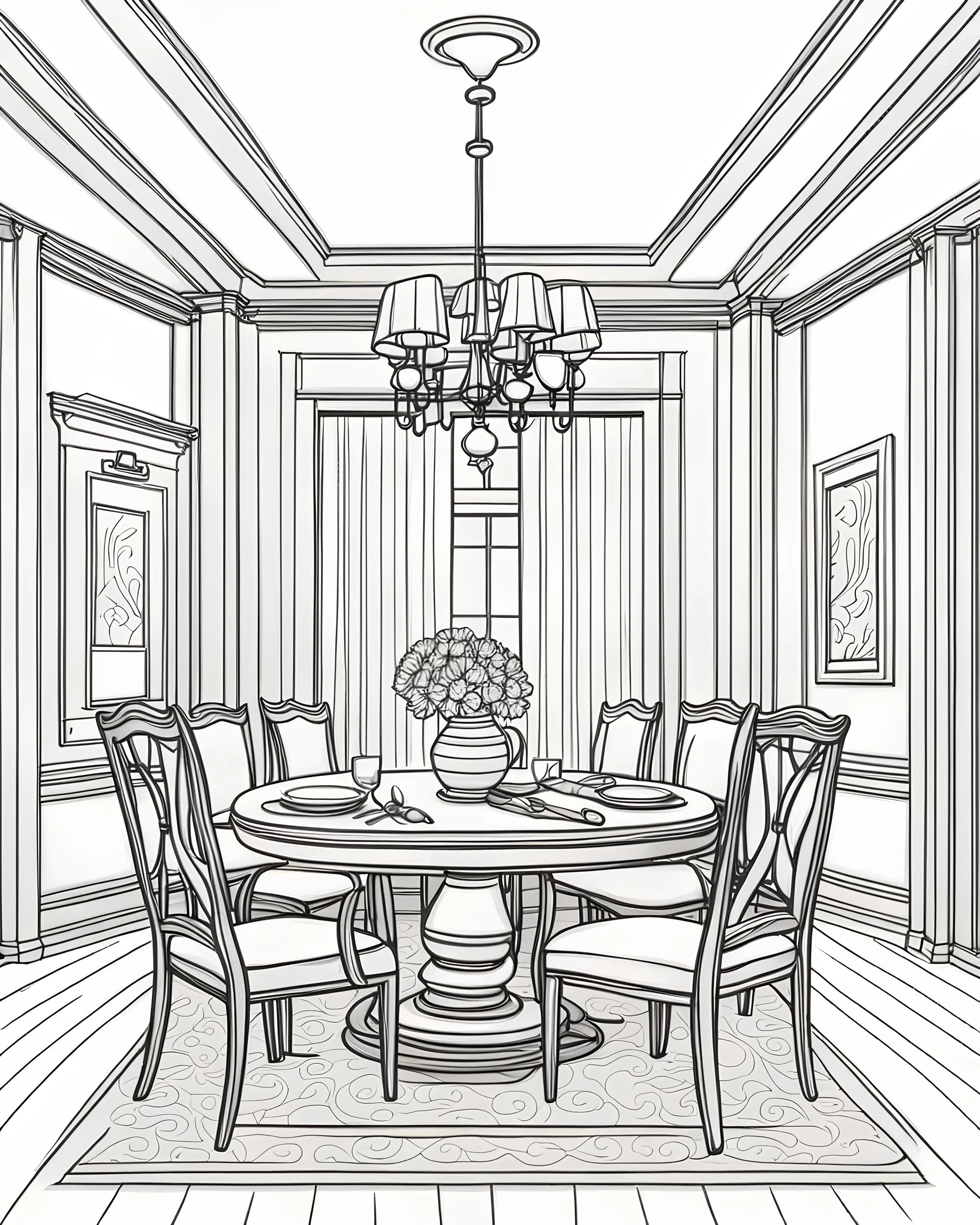 illustration of a formal dining room in a coloring book page, thick lines, no shading, simple and clean line art, vector, raw, low detail, monochrome, black and white, outline
