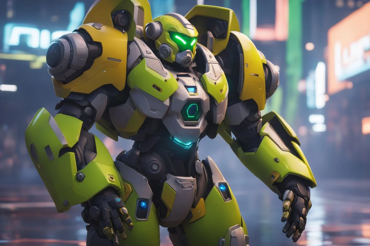orisa in 8k anime cgi artstyle, overwatch them, neon effect, close picture, rain, apocalypse, intricate details, highly detailed, high details, detailed portrait, masterpiece,ultra detailed, ultra quality