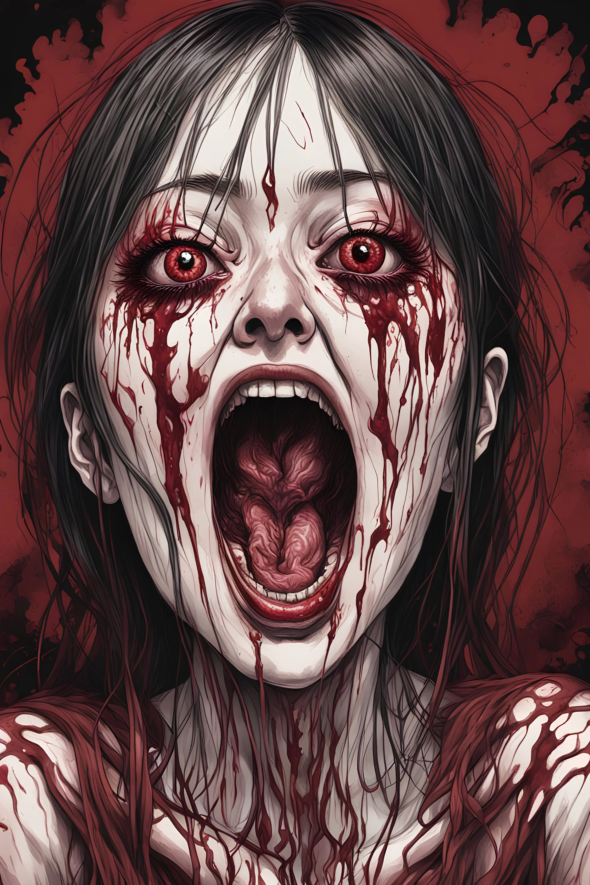 woman with 4 eyes, face distorted with pain, screaming, tears streaming from eyes, siting pose, fullbody, Junji Ito style, darkred tones,