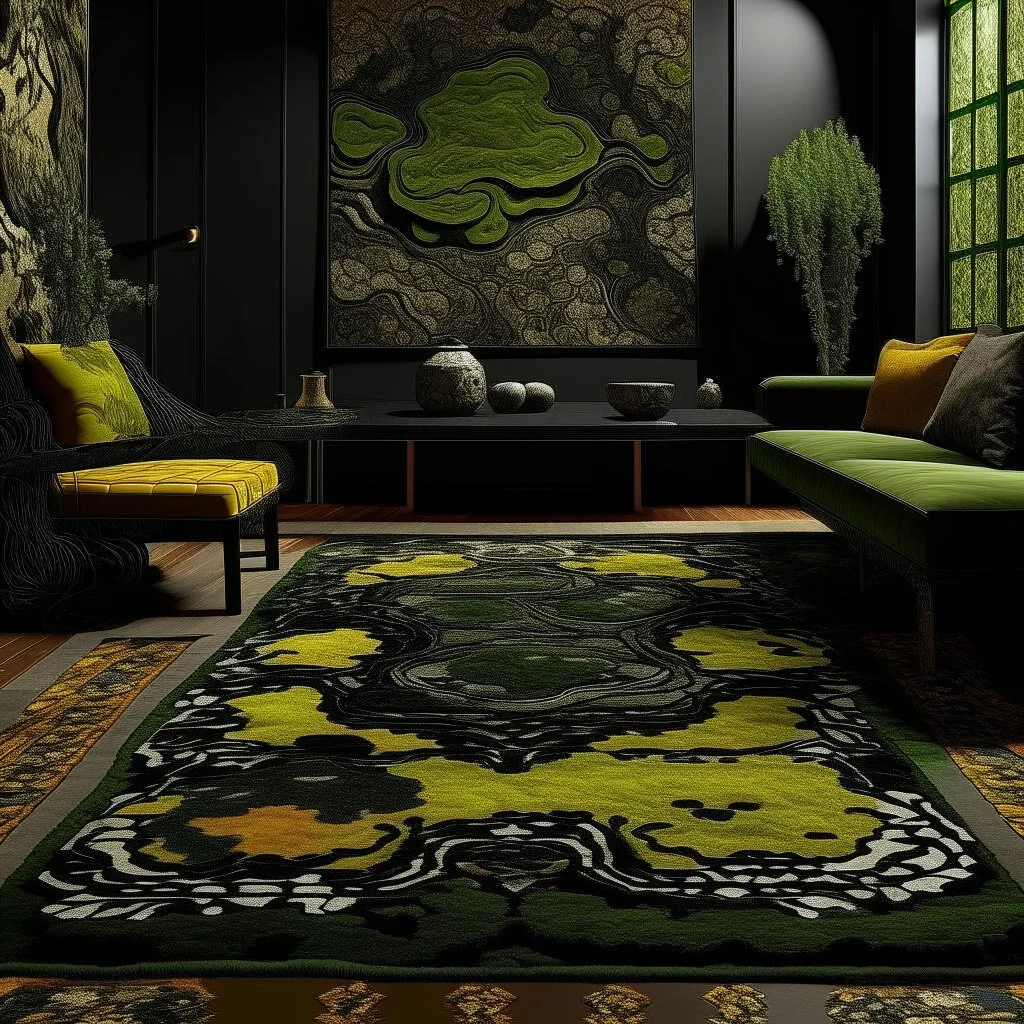 An olive green and black kingdom surrounded in lava designed in Moroccan rug art painted by Karl Wiener