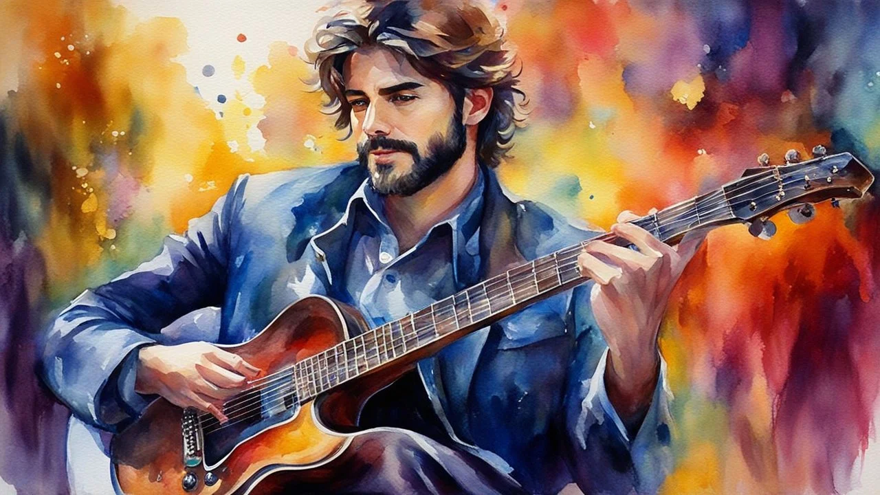 watercolor, impressionism, oil painting with alcohol, portrait of a handsome man playing a guitar, 32k resolution, hyper-detailed, fine details, fine rendering, airbrush strokes, concept art with 8k resolution, hyper-detailed, complex detail