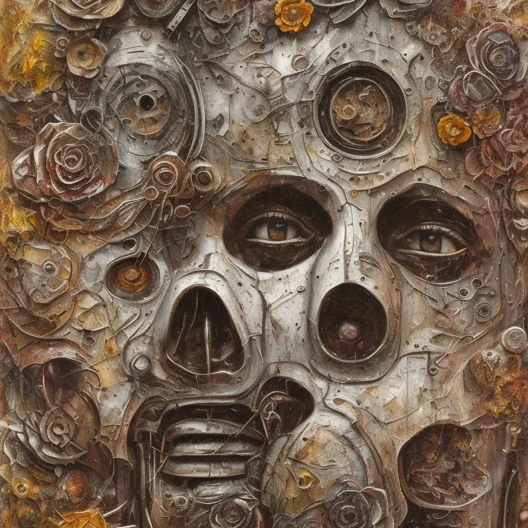 an abstract painting of rusted metal and flowers, by anselm kiefer and lucian freud, rust, scaffolding, iron cladding, decay, mixed media, textured, anatomically correct, beautiful perfect face, sharp focus, highly detailed