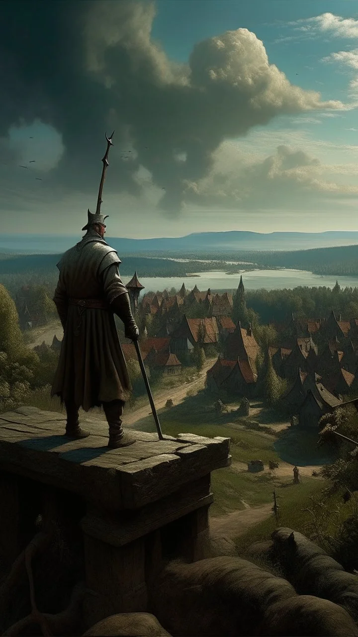 Bosch nightmares paining style Title:a giant man looks like a hero holding a big sword , atop view of a village , 8k artistic photography, photorealistic concept art, soft natural volumetric cinematic perfect light, chiaroscuro, award-winning photograph, masterpiece, oil on canvas, Raphael, Caravaggio, Greg Rutkowski, people, beksinski, Giger