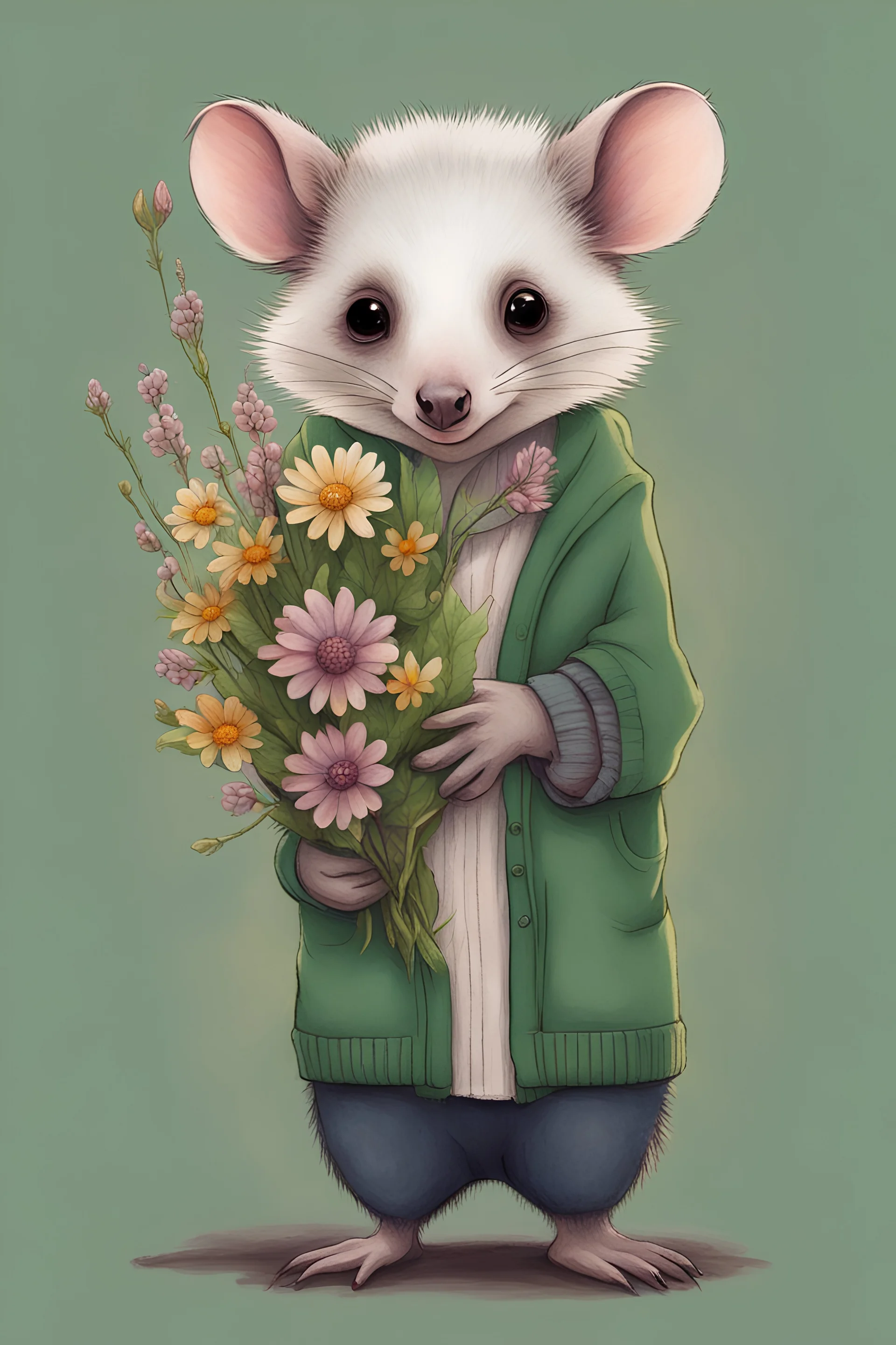 Green opossum wearing cardigan holding a bouquet of wildflowers cute art