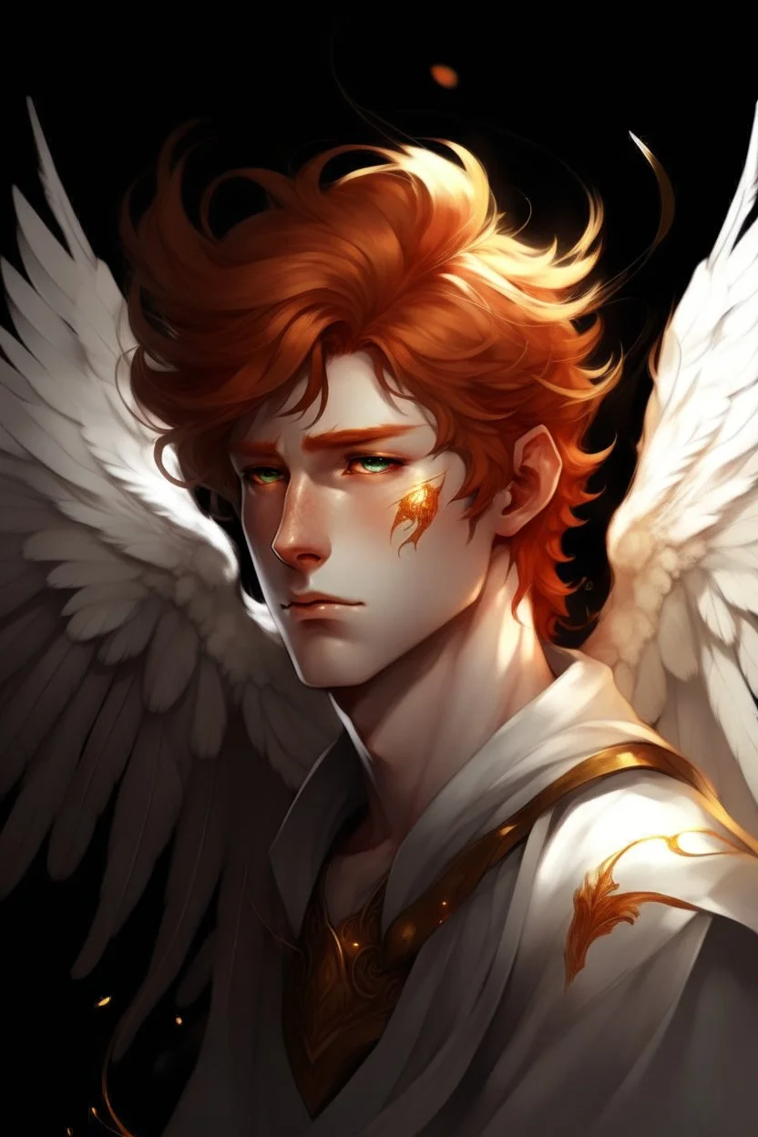 A male angel with messy red hair, gold eyes, and large white feathered wings that appear charred.