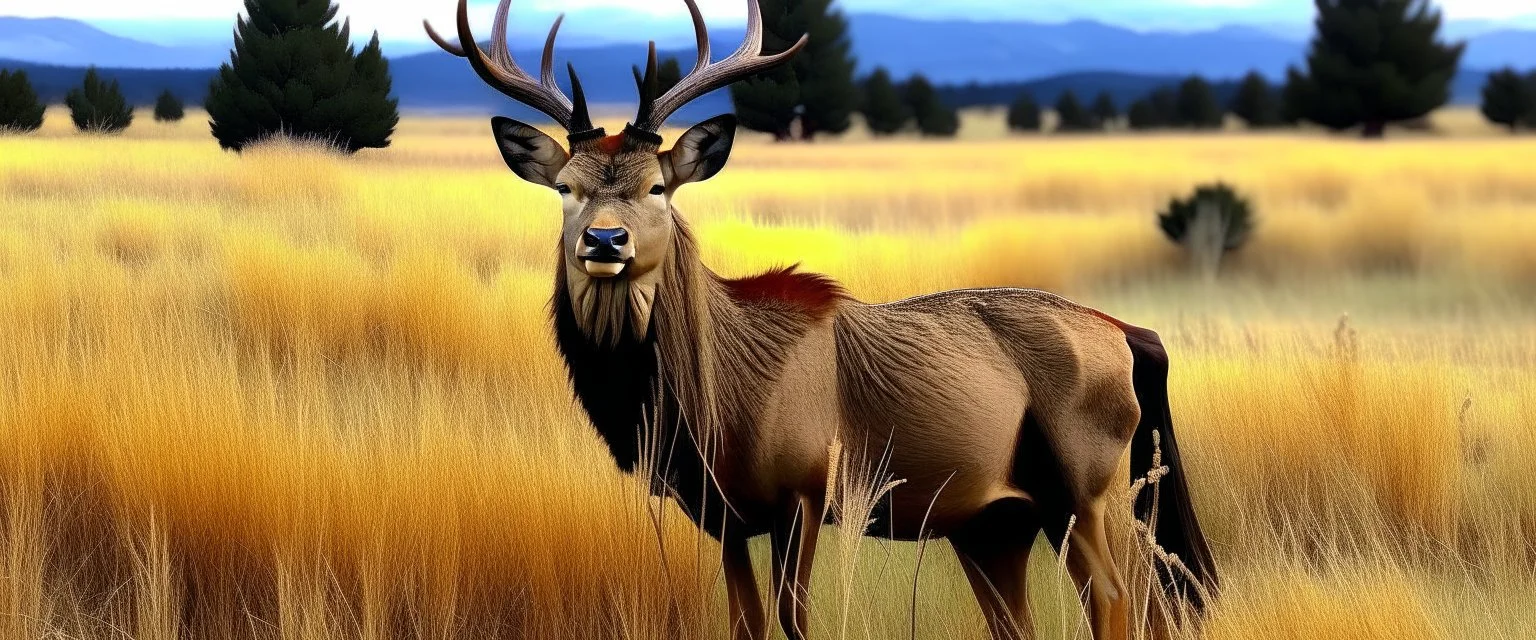 regal pose of Elk in a prairie field, wild grasses and bushes in corners of foreground