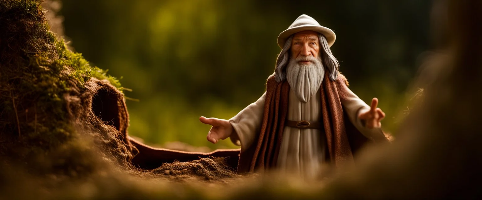 portrait of Gandalf who levitates Jesus as a hobbit in his hole by bright daylight, shot on Hasselblad h6d-400c, zeiss prime lens, bokeh like f/0.8, tilt-shift lens 8k, high detail, smooth render, down-light, unreal engine, prize winning