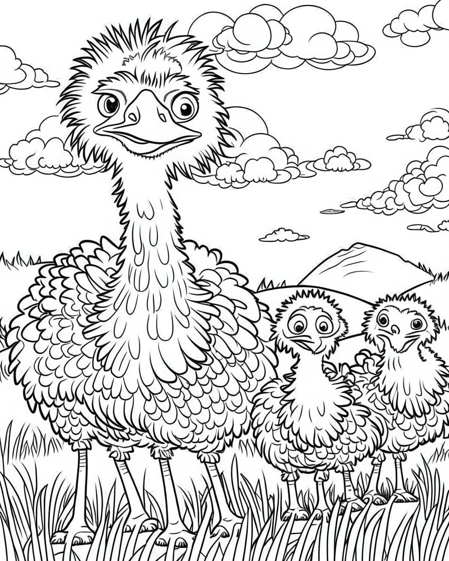 create a 2d black outline, "safari smiling cartoon Ostriches coloring book for toddlers", coloring page, low details design, black contour, coloring page design, simple background, colorful , card style, coloring page for kids, white background, sketch style, safari landscape, cartoon style