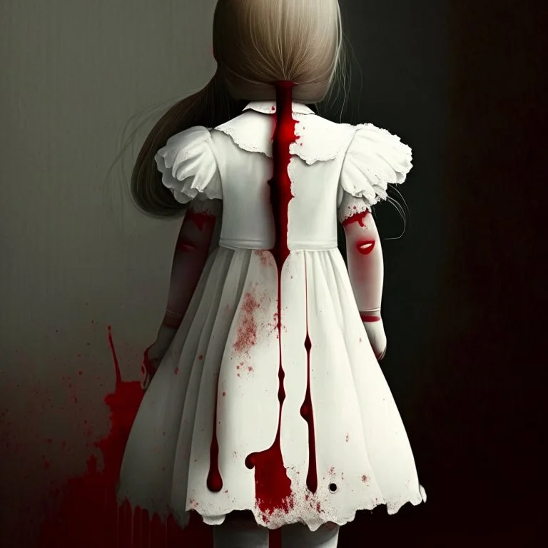 A girl's doll wearing a white dress with red blood bleeding from the back