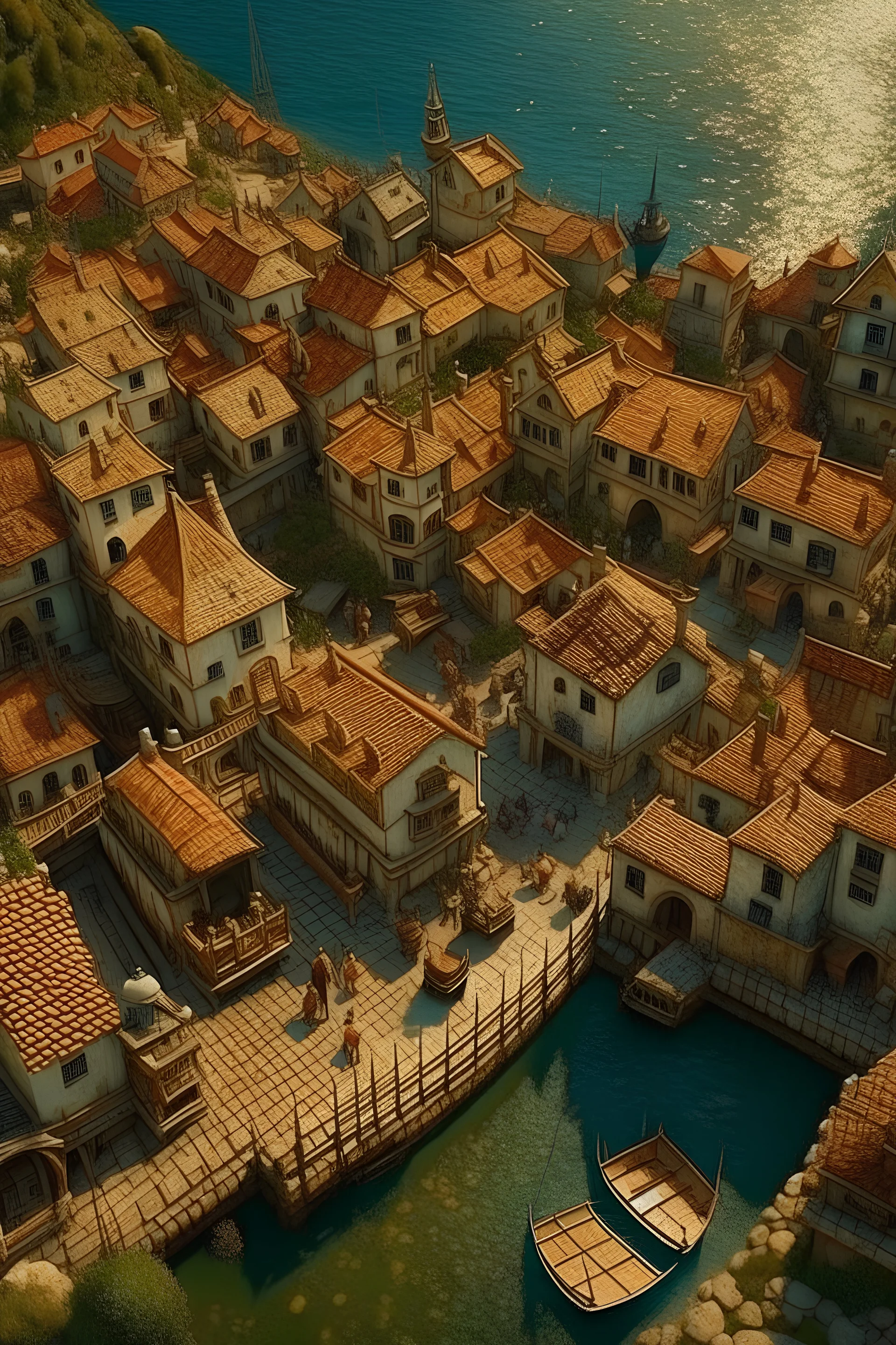 Village du moyen age a cote de la mere avec des habitant fantastique vu de haut