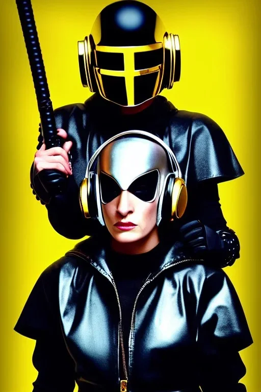 Photograph Cyber-punk girl random mask, old AKG-style big headphones, golden rings & disc. Fencing mask covers cheeks. Uma Thurman, Kill Bill, steel sword. thick tights, thick calves. old-fashioned camera lenses. Ancient silver telephone attached to perfect body, trunk. 5th dimensional Escher tiling background. Daft Punk, Tron Movie. Matrix movie clothes, tippet. Cyan latex. Cyan wicked sneakers. 1990's. An old AKG-microphone as mouth. Closely packed holes. Minimalism, fashion Haute Couture