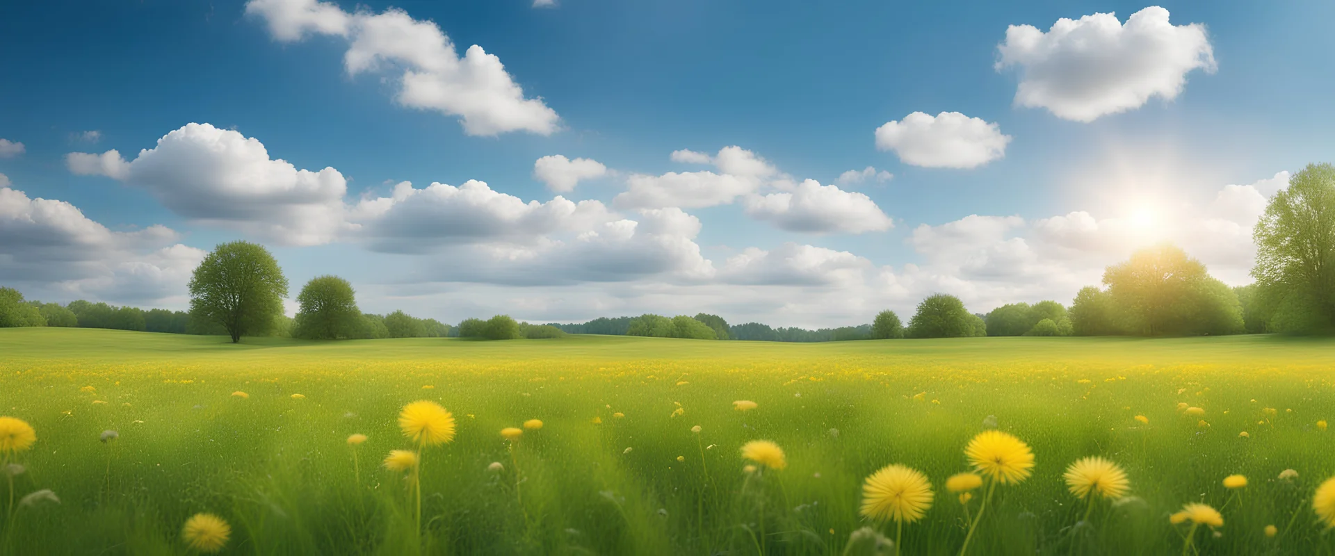 Beautiful meadow field with fresh grass and yellow dandelion flowers in nature against a blurry blue sky with clouds. Summer spring perfect natural landscape