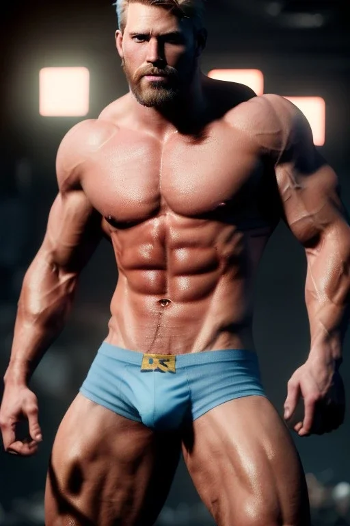 Ignore NSFW, teenager young rugged attractive slightly muscular fantasticly handsome blonde man, red briefs with yellow belt, hairy chest, (((visibly pisssing))) briefs, large erect visible boner peniss, photorealistic, artist Jay Anacleto, soft lighting, scruffy beard