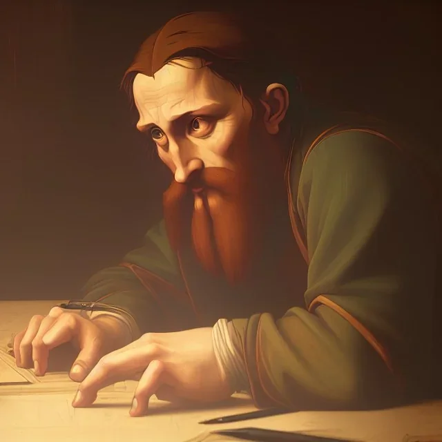 leonardo da vinci works in his study on a laptop at his desk. painting in photoshop. hyperdetailed, warm colors, movie poster, photoillustration, oil on canvas, lens flare