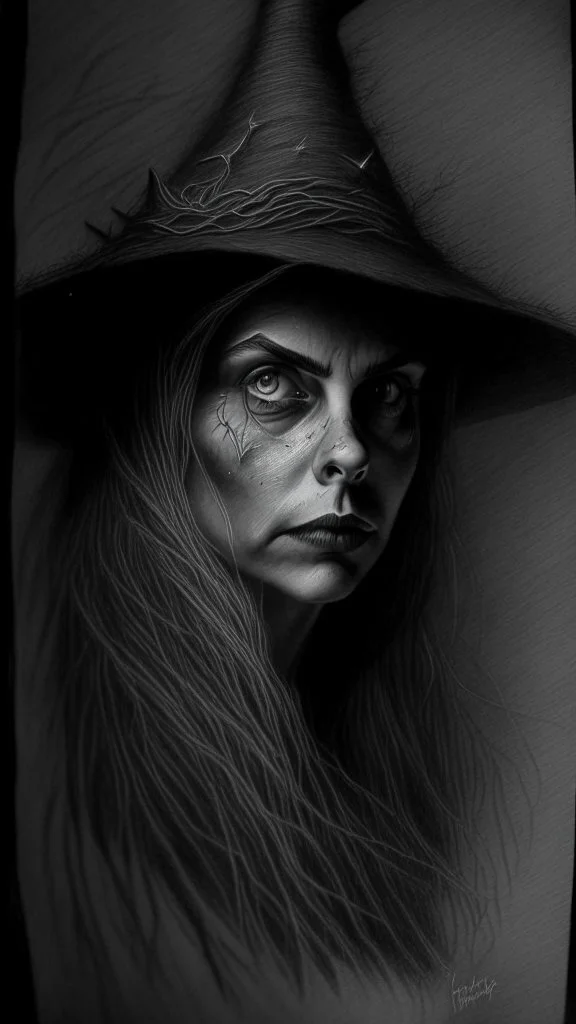 pencil drawing of witch, Spooky, scary, halloween, realistic, black paper