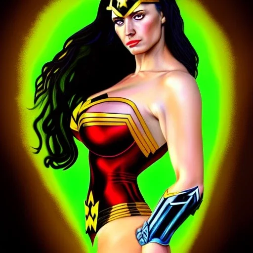 ultra detailed portrait of busty beautiful Wonderwoman , wearing a bikini plate armor, extremely detailed digital painting, extremely detailed face,crystal clear green eyes, in the style of robert e howard and pablo oliveira and Ken Kelley and Gustav Klimt ,mystical colors,perfectly centered image, perfect composition, rim light, beautiful lighting,8k, stunning scene, raytracing