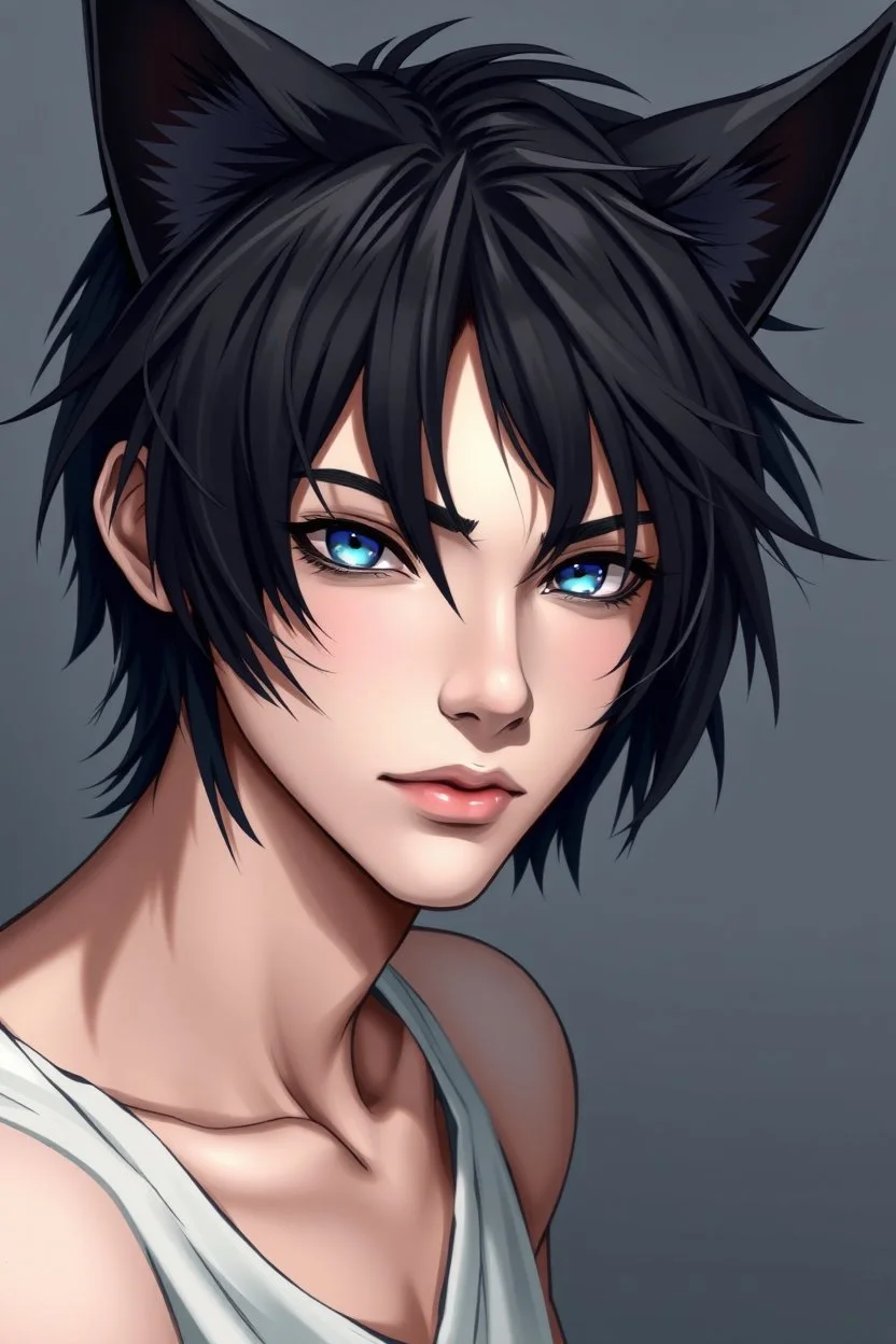 A young man with messy black hair, black cat ears on his head, blue eyes.