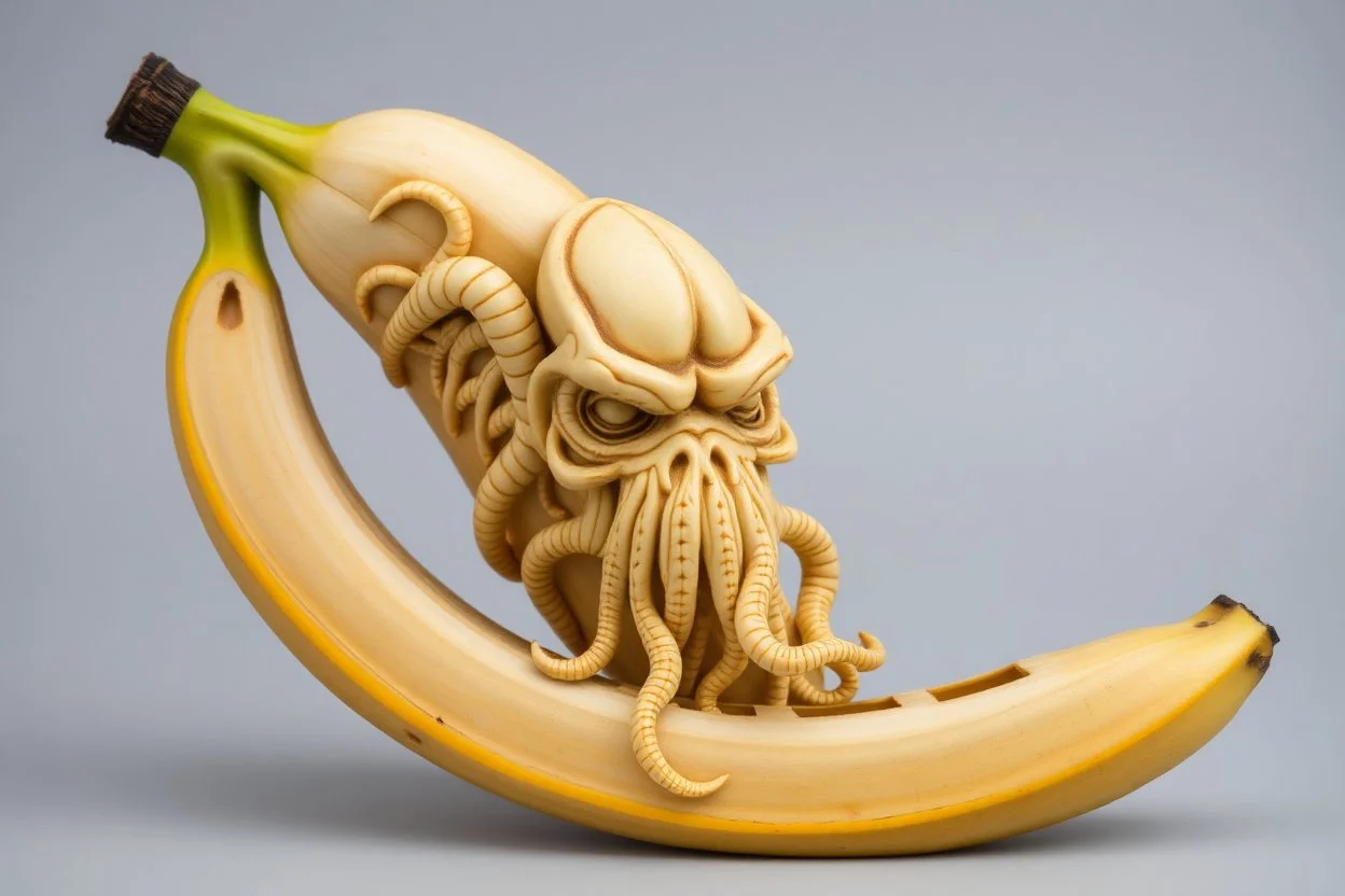 A high-resolution photograph of intricate scrimshaw of the face of Cthulhu carved into a banana, surreal, profound,