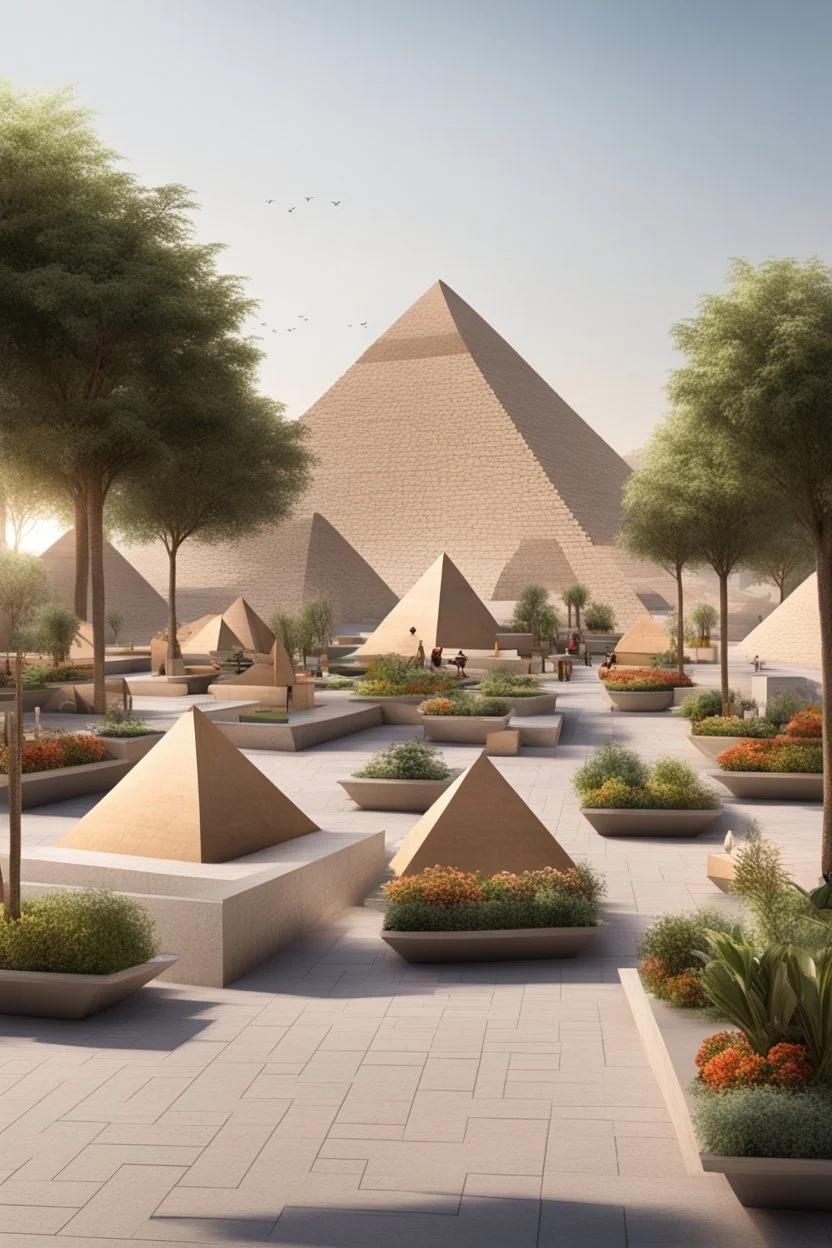 public area with the pyramids, modern street seating , planters, bazaars.