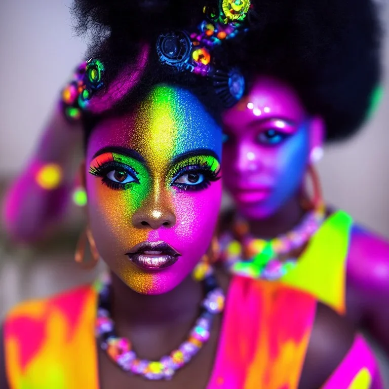 full body shot, masterpiece, best quality, family of three, black skinned, sparkling eyes, fluorescent skin, colorful makeup, afro, highly detailed body, afrofuturism, scifi, sun light, 4K, RAW, depth of field, high contrast, realistic details, 24mm