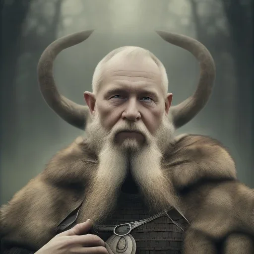 Viking theme, a younger woman sitting next to a 50-year-old man, portrait, 8K, close-up face, anatomically perfect face, Highly detailed stunning full frame portrait, misty and cloudy atmosphere