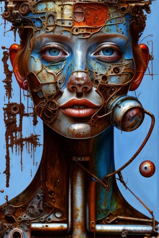 an abstract painting of rusted mugs, by lucian freud, rust, scaffolding, iron cladding, decay, mixed media, textured, anatomically correct, beautiful woman perfect face, blue eyes, sharp focus, highly detailed